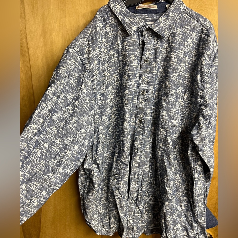 Tommy Bahama Buttonup Shirt Blue Tropical Palm Tree Linen Blend Long Sleeve- XL